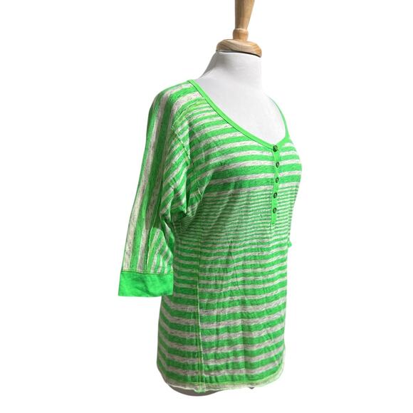UnionBay Vtg Y2K Neon Green Stripe Henley 3/4 Sleeve Shirt Women's L - Picture 2 of 6